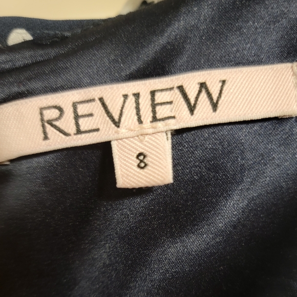 Review Womens Size 8 Navy Blue & White Floral & Polka Dot Ruffled Midi Dress - Picture 7 of 8